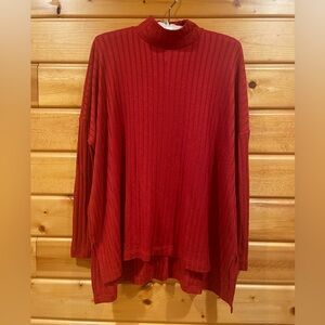 NWT LOFT XS Oversized Red Ribbed Top with Mock Turtleneck